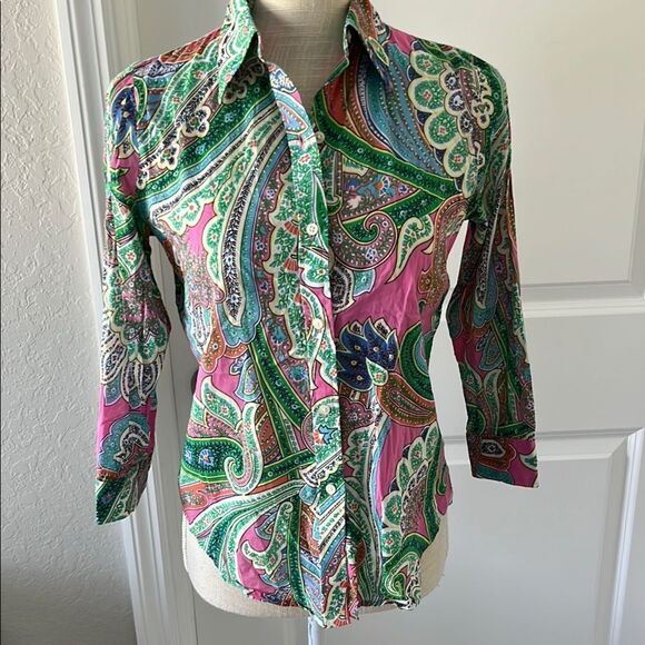 Ralph Lauren Green and Pink Cotton Paisley 3/4 Sleeve Button Down Shirt - Picture 1 of 7